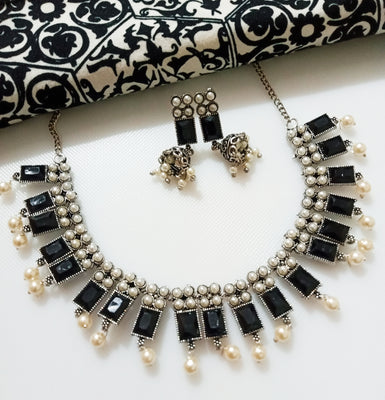 N0288_Classic crafted German Silver Oxidized black color choker necklace set with delicate work studded with semi precious stones with a touch of pearl drops.