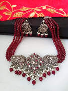 N0289_Classic crafted pure German Silver Oxidized fuscia pink color choker necklace set with delicate work studded with stones with a touch of pink crystals & bead drops.