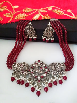 N0289_Classic crafted pure German Silver Oxidized fuscia pink color choker necklace set with delicate work studded with stones with a touch of pink crystals & bead drops.