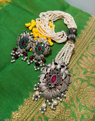 N0290_1 Classy Matte Silver Oxidized crafted choker Necklace with delicate work of fuscia pink & green color stones studded with a touch of  pearl drops.