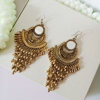 E0424_ Smashing German Silver oxidized crafted  danglers with a touch of bead drops & mirror(long hangings).