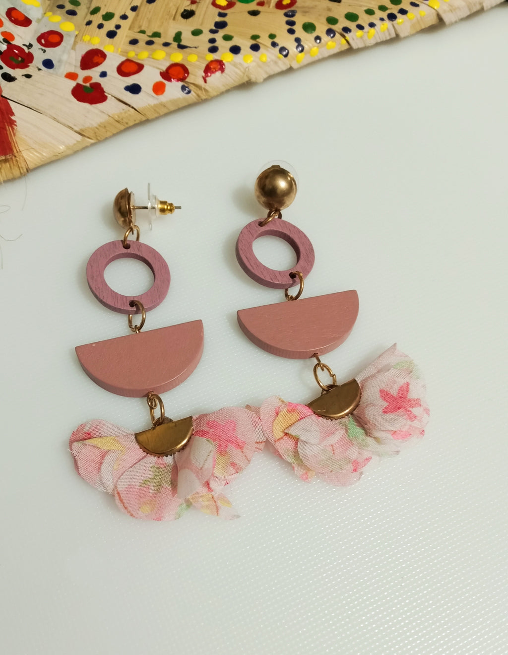 E0809_Lovely vibrant crafted earrings with fabric design with a touch of beads.