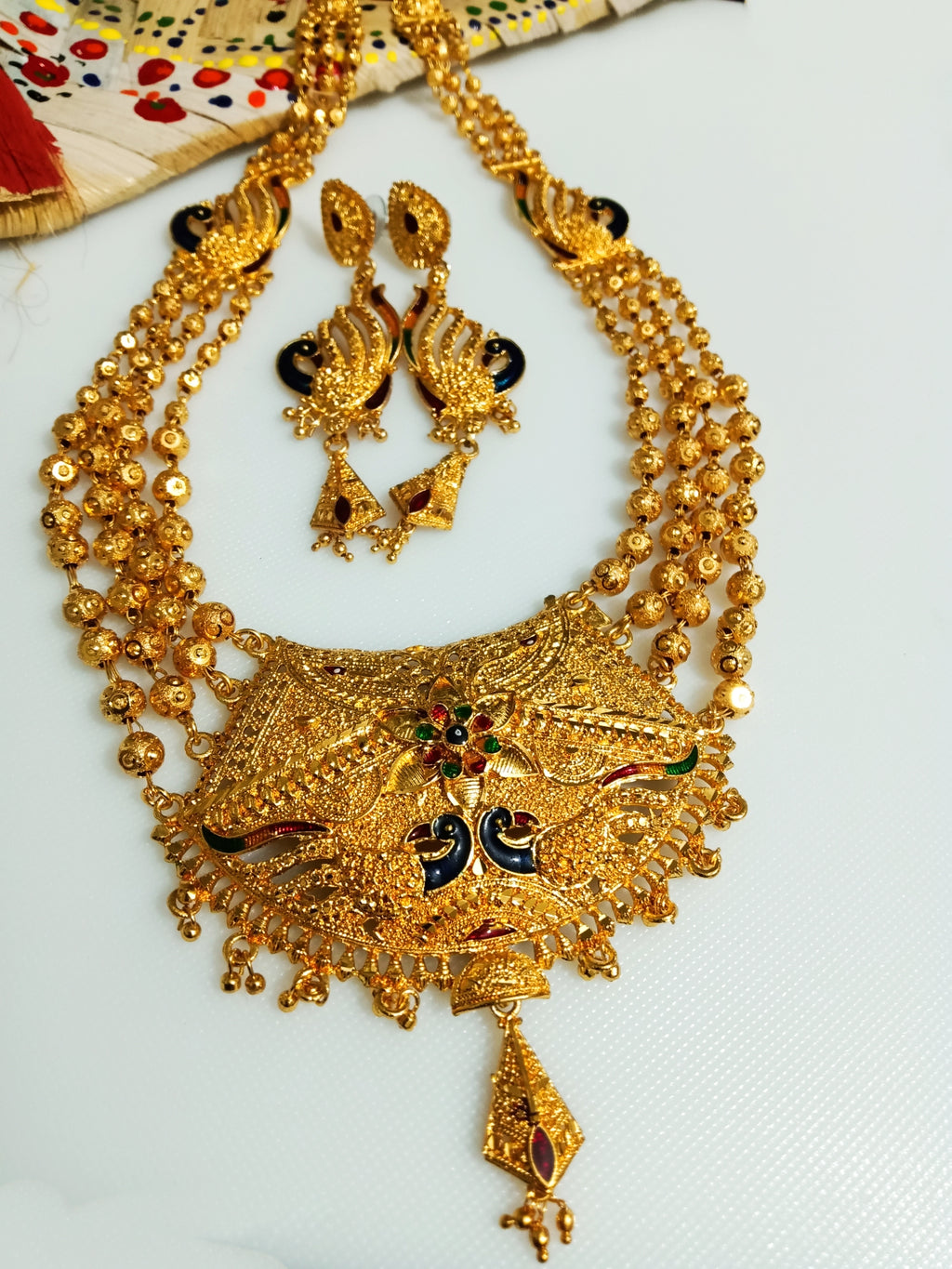N0138_Gorgeous Gold plated  layered necklace with peacock design.