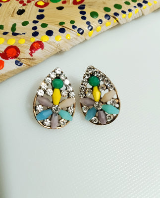 E0814_Beautiful tear drop shaped studs with a touch of colorful stone work.