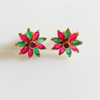 E0815_Beautiful flower design studs with a touch of pink & green stones.