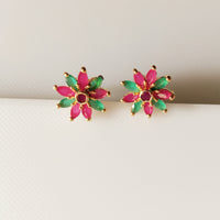 E0815_Beautiful flower design studs with a touch of pink & green stones.