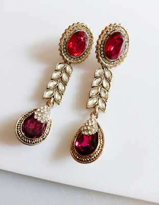 E0817_Classy ear drop danglers with a touch of wine red color stones.
