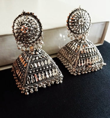 E0621_Classy German Silver oxidized crafted jumkas with beautiful design (Medium size).