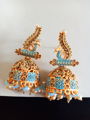 E0781_Lovely peacock design jumkas with delicate art work with a touch of vibrant bead drops studded with dazzling stones.