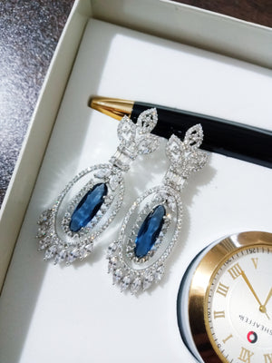 E0818_Beguiling American Diamond studded danglers with delicate stone work with a touch of blue stones.