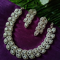N0256_1 Beguiling crafted American Diamond stones engraved choker necklace set with delicate art work of leafy designs.