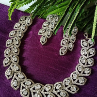 N0256_1 Beguiling crafted American Diamond stones engraved choker necklace set with delicate art work of leafy designs.