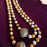 N0210_Exquisite German Silver Oxidized layered bead necklace with a over sized bead pendant with delicate art work.