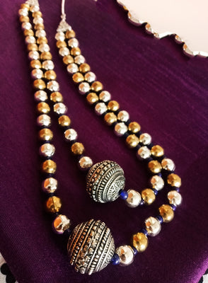 N0210_Exquisite German Silver Oxidized layered bead necklace with a over sized bead pendant with delicate art work.
