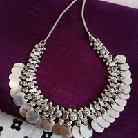 N0214_Classic German Silver Oxidized Coin necklace with shiny coins and delicate art work.