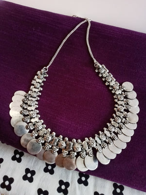 N0214_Classic German Silver Oxidized Coin necklace with shiny coins and delicate art work.