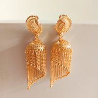 E0835_Gorgeous golden color jumkas with delicate designs with chain drops.