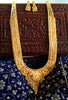 N0308_Grand traditional style Gold plated long necklace set with fine artwork of floral designs & chain drop pendant.