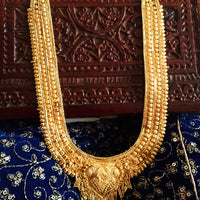 N0308_Grand traditional style Gold plated long necklace set with fine artwork of floral designs & chain drop pendant.