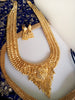 N0308_Grand traditional style Gold plated long necklace set with fine artwork of floral designs & chain drop pendant.