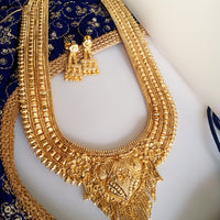 N0308_Grand traditional style Gold plated long necklace set with fine artwork of floral designs & chain drop pendant.