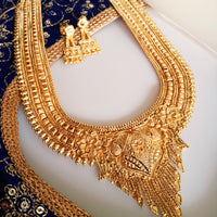 N0308_Grand traditional style Gold plated long necklace set with fine artwork of floral designs & chain drop pendant.