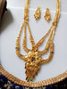 N0176_Ravishing traditional style Gold plated long layered grand necklace set with fine artwork of floral designs studded with pink and green ruby stones with a touch of broad chain drop pendant.