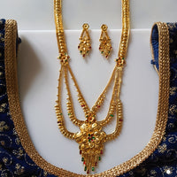 N0176_Ravishing traditional style Gold plated long layered grand necklace set with fine artwork of floral designs studded with pink and green ruby stones with a touch of broad chain drop pendant.