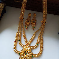 N0176_Ravishing traditional style Gold plated long layered grand necklace set with fine artwork of floral designs studded with pink and green ruby stones with a touch of broad chain drop pendant.