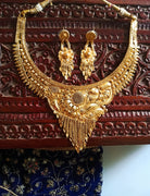 N0174_Gorgeous designer Gold plated Traditional grand necklace set with crafted leafy and floral design with a touch of broad chain drop pendant.