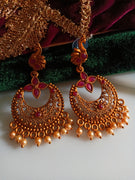 E0837_Gorgeous golden peacock design earrings studded with ruby stones with  bead drops.