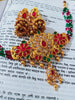 N0316_1 Classic traditional style matte gold polish choker necklace set with a touch of pink and green ruby stones along with beads chain.