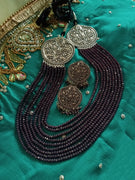 N0318_Ravishing layered dazzling plum colour crystal necklace with oxidized side pendants with delicate craft work.