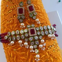 N060_Classy Layered Kundan Necklace studded with dazzling White and bright Square shaped Red stones with a touch of  pearls.