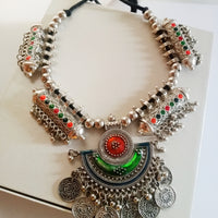 N0344_ Gorgeous German silver oxidized necklace with beautiful pendant with coin drops with a touch of beads.