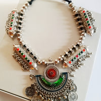 N0344_ Gorgeous German silver oxidized necklace with beautiful pendant with coin drops with a touch of beads.