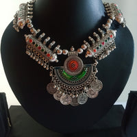 N0344_ Gorgeous German silver oxidized necklace with beautiful pendant with coin drops with a touch of beads.