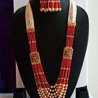 N044_Classy Style Stunning Long Multilayered ‘Raani Haar’ Necklace set with off white pearls and peach color crystal drops & studded with American Diamond stones.