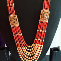 N044_Classy Style Stunning Long Multilayered ‘Raani Haar’ Necklace set with off white pearls and peach color crystal drops & studded with American Diamond stones.