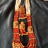 N044_Classy Style Stunning Long Multilayered ‘Raani Haar’ Necklace set with off white pearls and peach color crystal drops & studded with American Diamond stones.