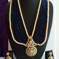 N0133_Gorgeous elaborated blue color Crystal  layered necklace set studded with kundan stones with a touch of pearls.