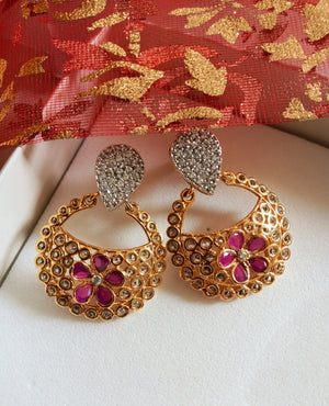 E0645_Classy ring shaped earrings with delicate stone work of American Diamond stones with a touch of pink stones.