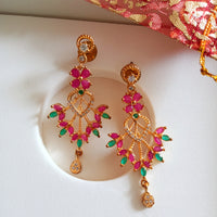 E0644_Gorgeous flower design danglers studded with american diamond stones with a touch of green and pink ruby stones.