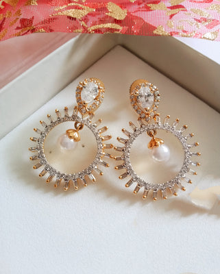E0568_Premium American Diamond hoop earrings with a touch of pearl drop.