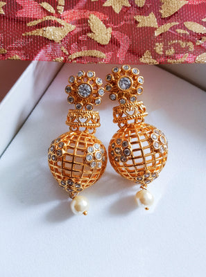 E0638_ Gorgeous Golden danglers with delicate art work with a touch of stones and pearls.