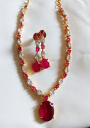 N0345_Elegant Micro Gold plated Necklace with beautiful work studded with American Diamond stones with a touch of Semi Precious pink ruby stones
