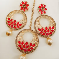 M019_Beautiful design chandhbali style golden color earring & maang tika combo with delicate work with a touch of pearl drop.