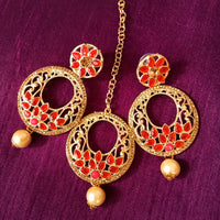 M019_Beautiful design chandhbali style golden color earring & maang tika combo with delicate work with a touch of pearl drop.