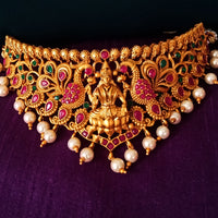 N0346_Gorgeous Temple jewelry style matte polish choker Necklace with delicate embossed lakshmi design studded with a touch of semi Precious ruby stones embellished with pearl drops.