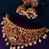 N0346_Gorgeous Temple jewelry style matte polish choker Necklace with delicate embossed lakshmi design studded with a touch of semi Precious ruby stones embellished with pearl drops.
